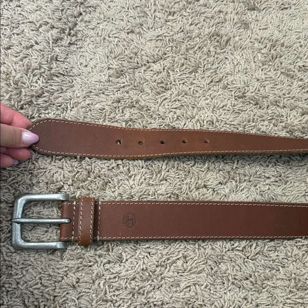 Timberland Men's Brown Leather Belt with Silver Buckle Size 34